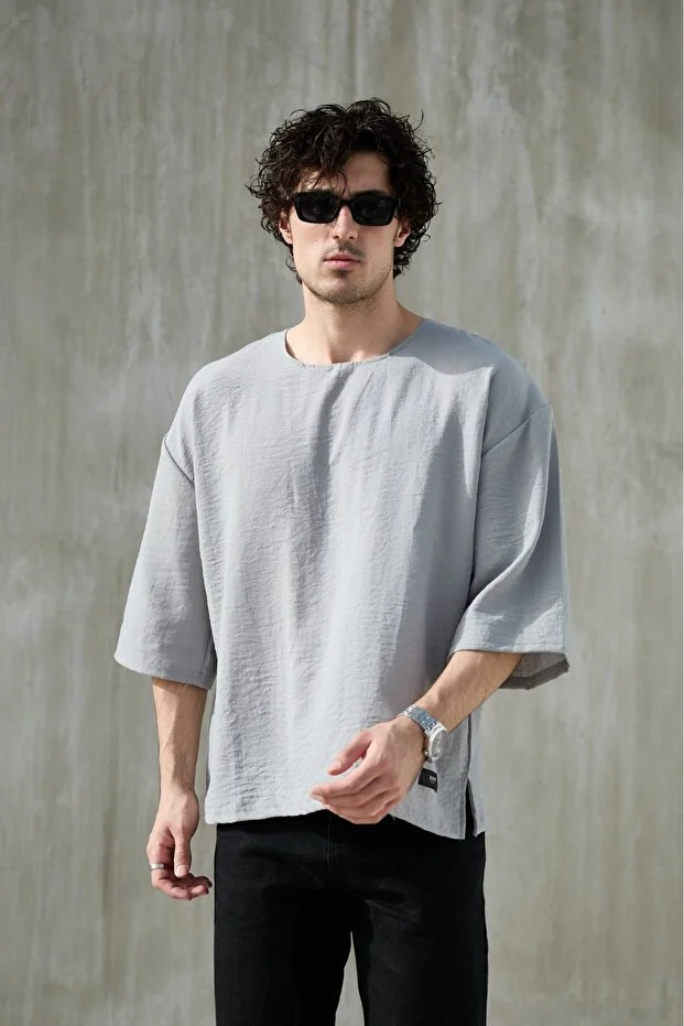 Erkek Fakir Kol Oversize Keten Görünümlü T-shirt